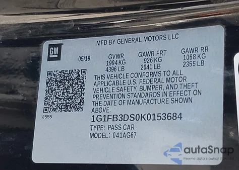 2019 Chevrolet Camaro 1Lt z USA, uszkodzony, nr VIN 1G1FB3DS0K0153684